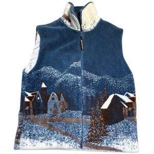 Denali VINTAGE Women Fleece Vest Blue Winter Village Mountain Scene Full Zip L